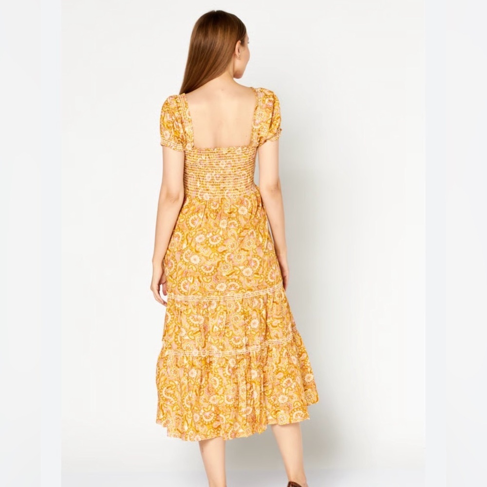 O. P. T. Cotton Women’s Allover Print Tiered Dress, Mustard Sz Sm - Picture 3 of 8